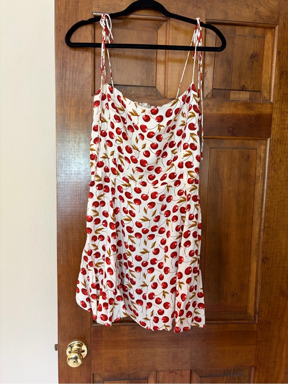 Reformation White Slip Dress with Red Cherry Print and tie straps